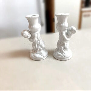 Vintage White Ceramic Angel/Cherub Candlestick Holders - Pair